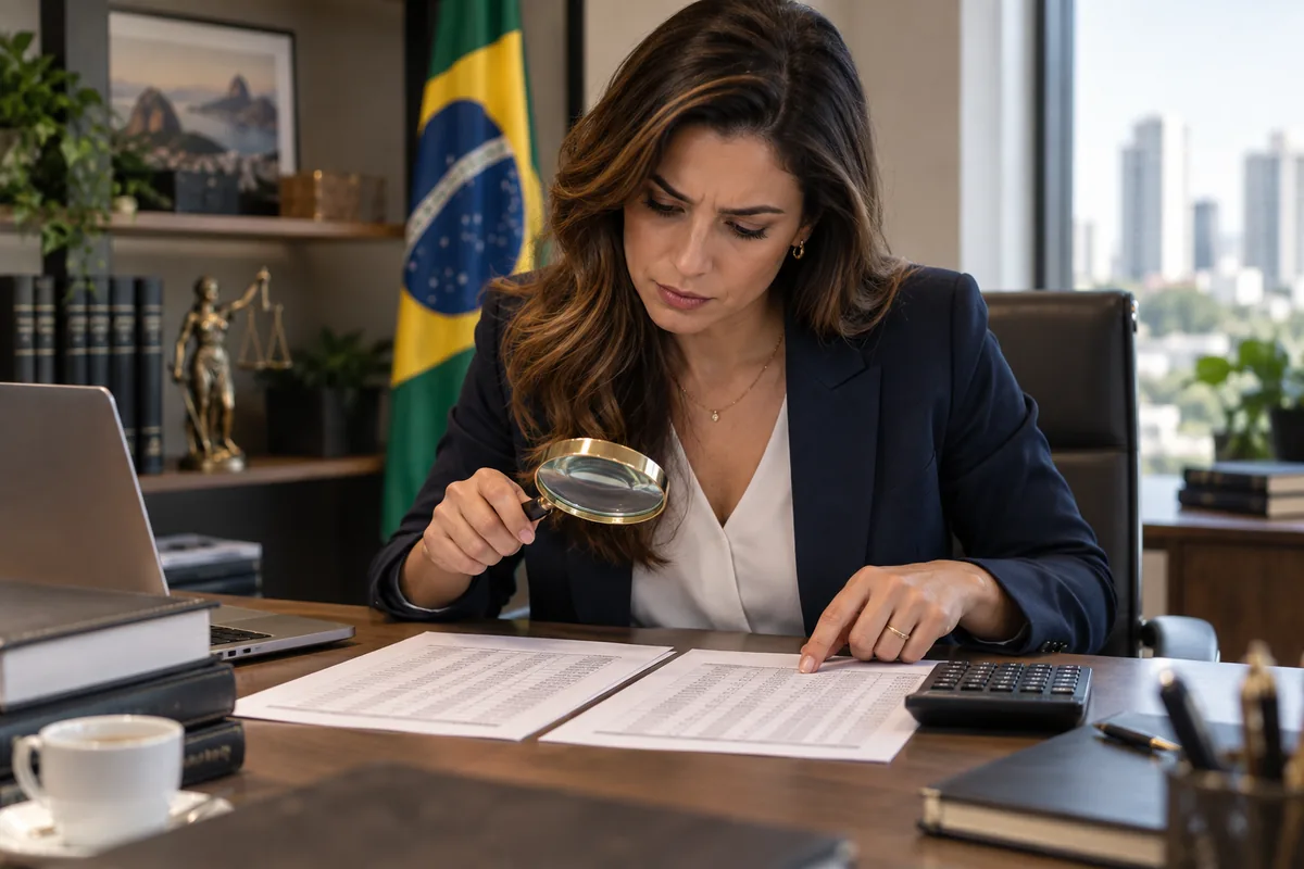 Advogada revisa cálculos e documentos para identificar erro no lançamento tributário