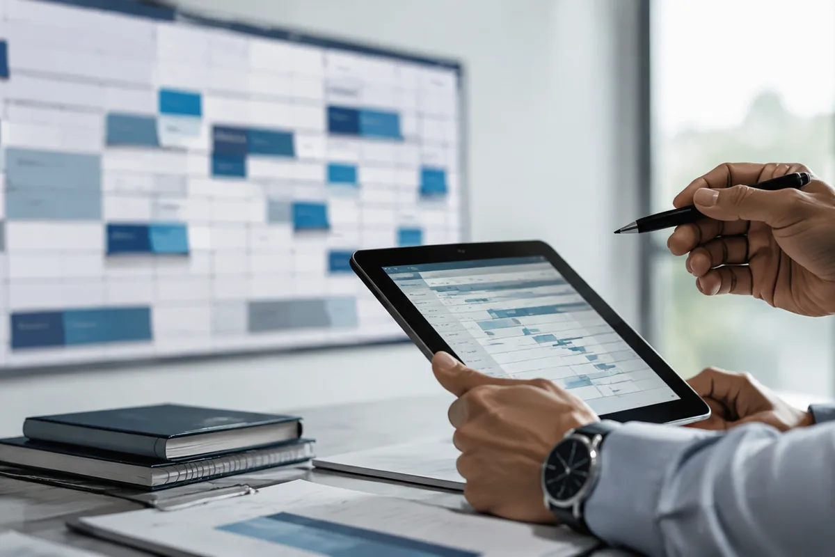 Mãos conferem escala semanal e registro de jornada em tablet