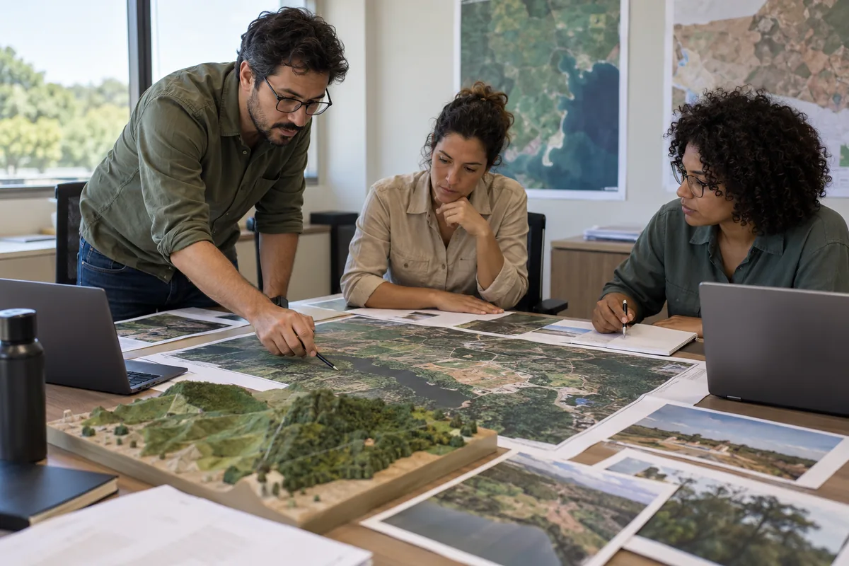 Equipe técnica revisa mapas e alternativas de um projeto ambiental