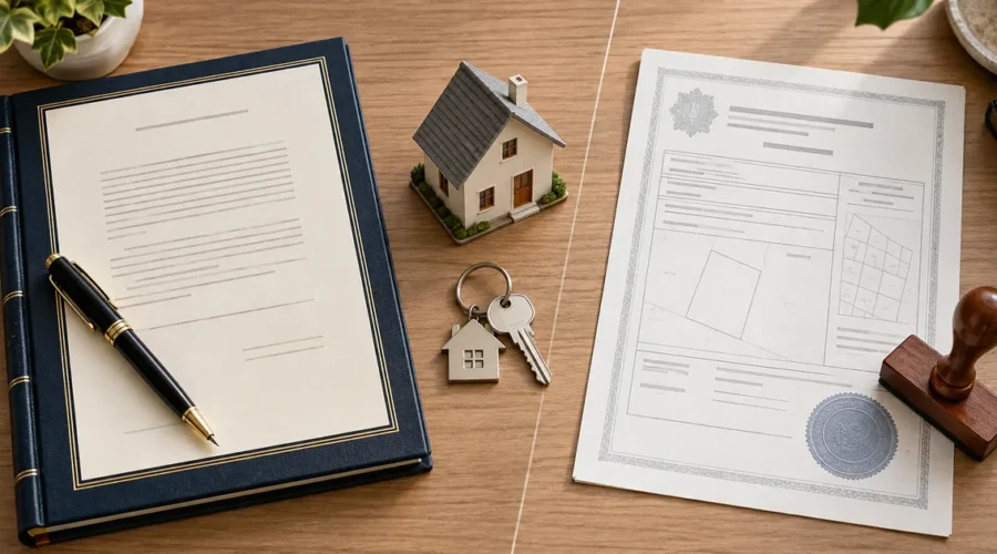 Escritura, matrícula, chave e maquete de casa em composição comparativa