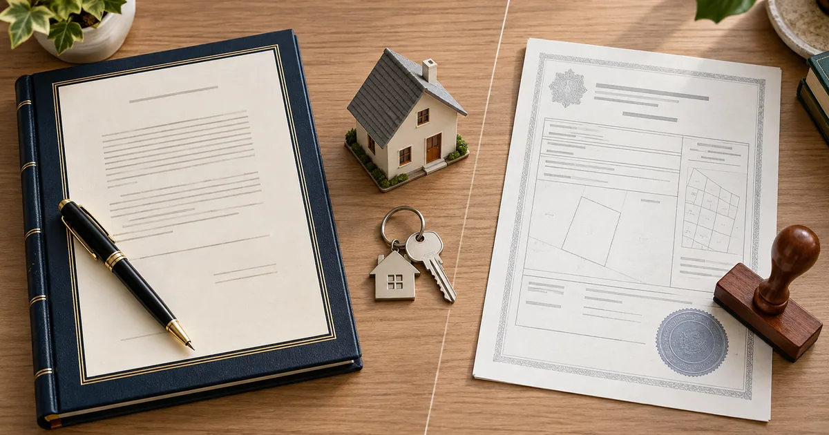 Escritura, matrícula, chave e maquete de casa em composição comparativa
