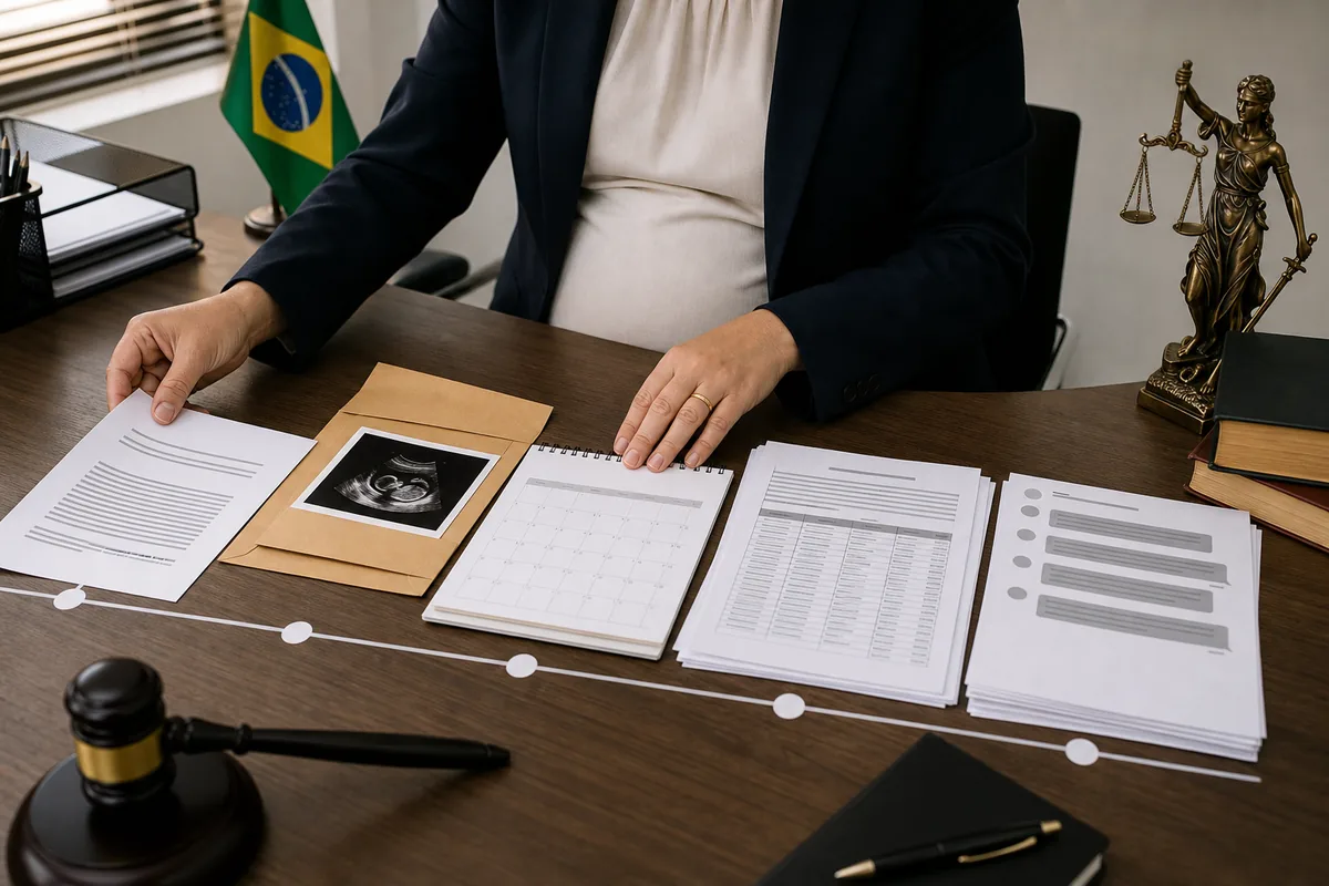 Documentos organizados em linha do tempo para comprovar gravidez e vínculo de emprego