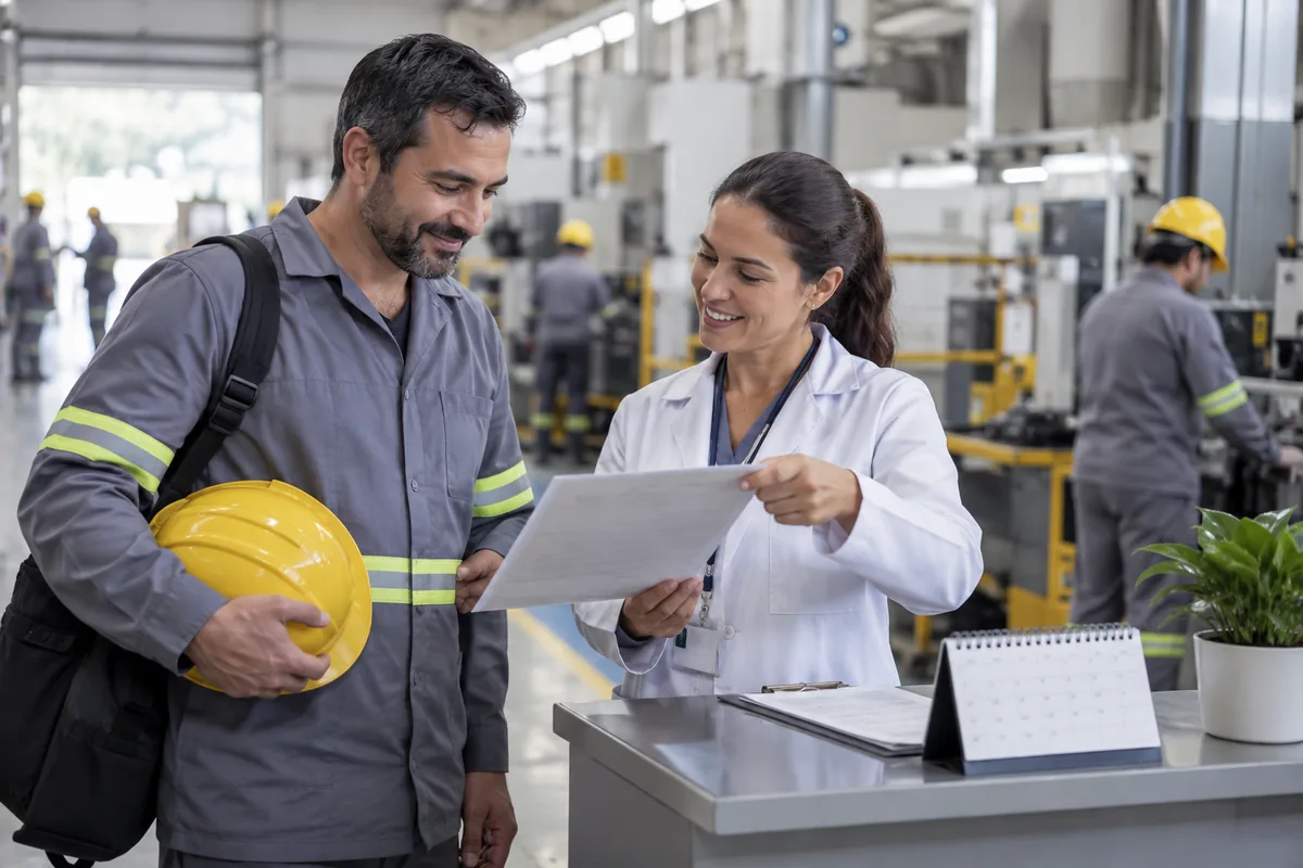 Trabalhador retorna à fábrica e recebe orientação de saúde ocupacional