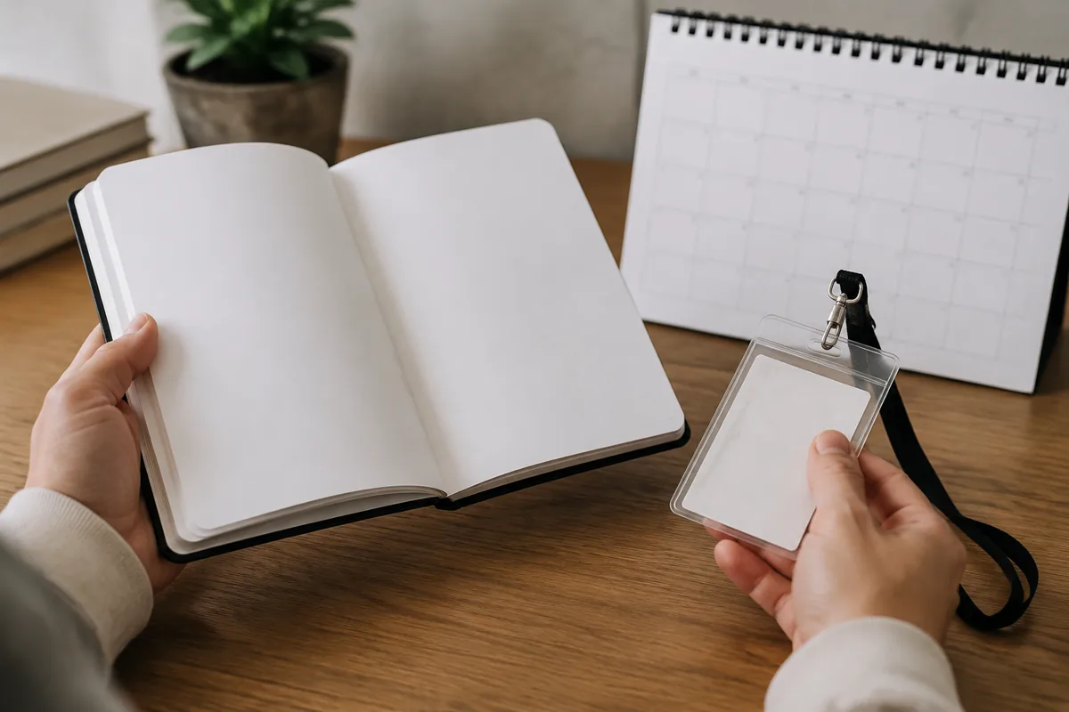 Caderno acadêmico, crachá e calendário usados para comparar relações