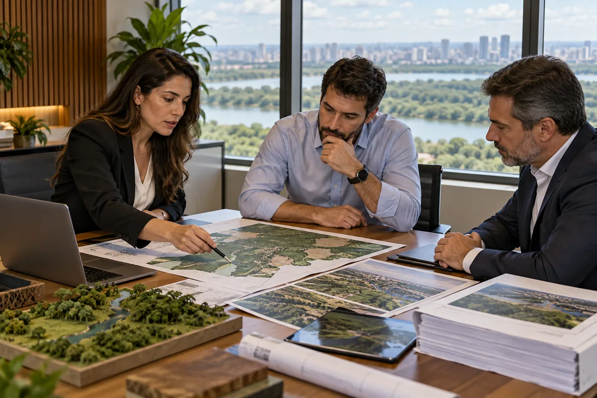Advogada, cliente e técnico analisam mapas e laudos ambientais