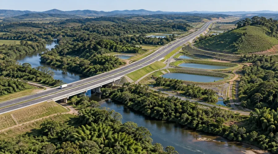 Rodovia integrada a rio, floresta e estruturas de controle ambiental