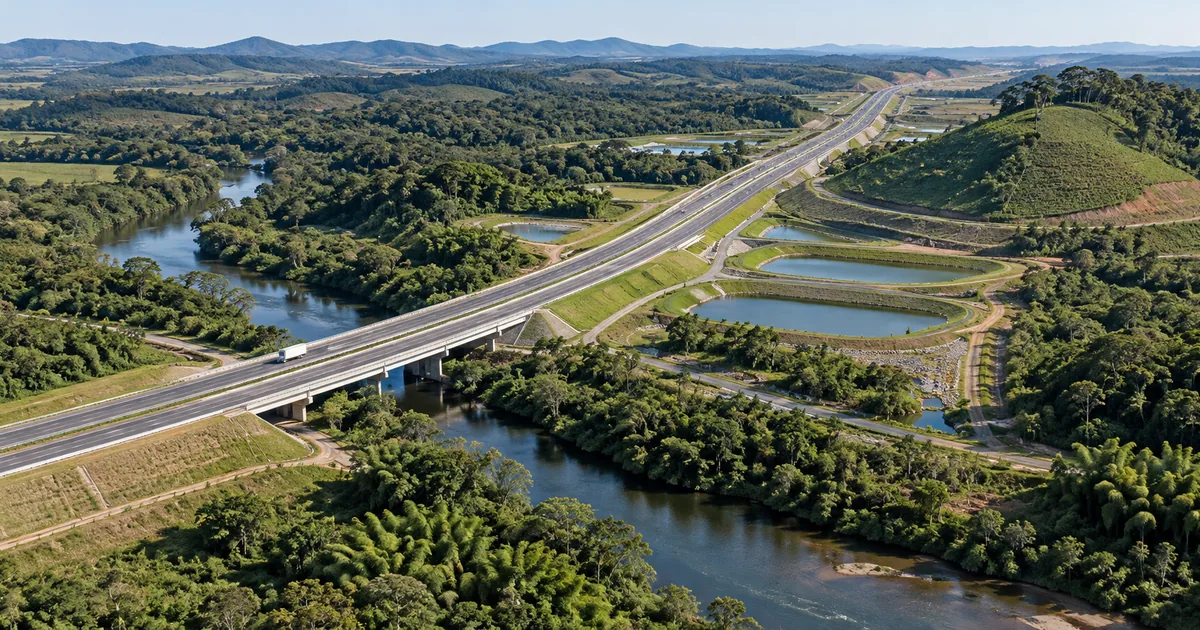 Rodovia integrada a rio, floresta e estruturas de controle ambiental