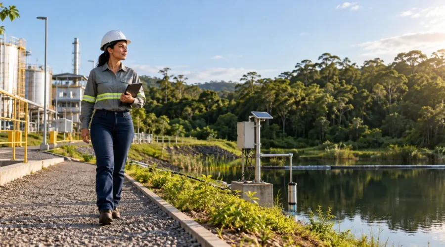 Gestora ambiental inspeciona instalação com monitoramento de água
