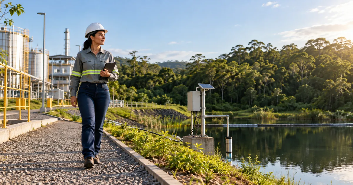Gestora ambiental inspeciona instalação com monitoramento de água