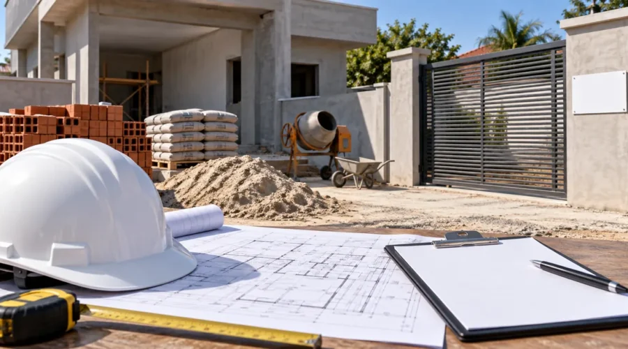 Capacete, planta e prancheta diante de obra residencial organizada