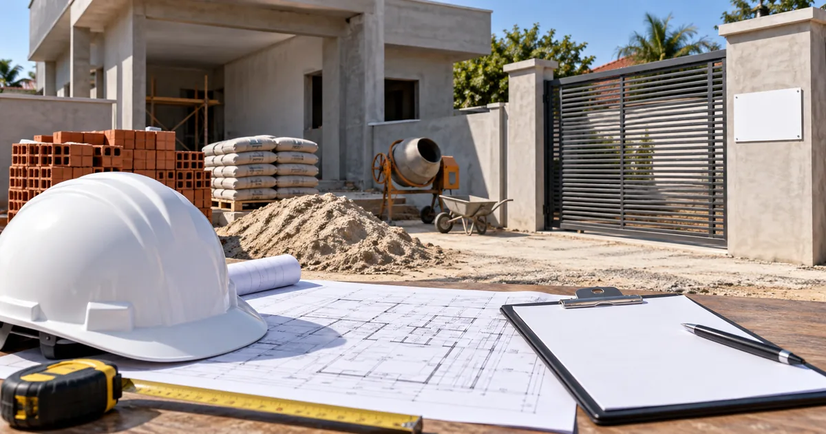 Capacete, planta e prancheta diante de obra residencial organizada