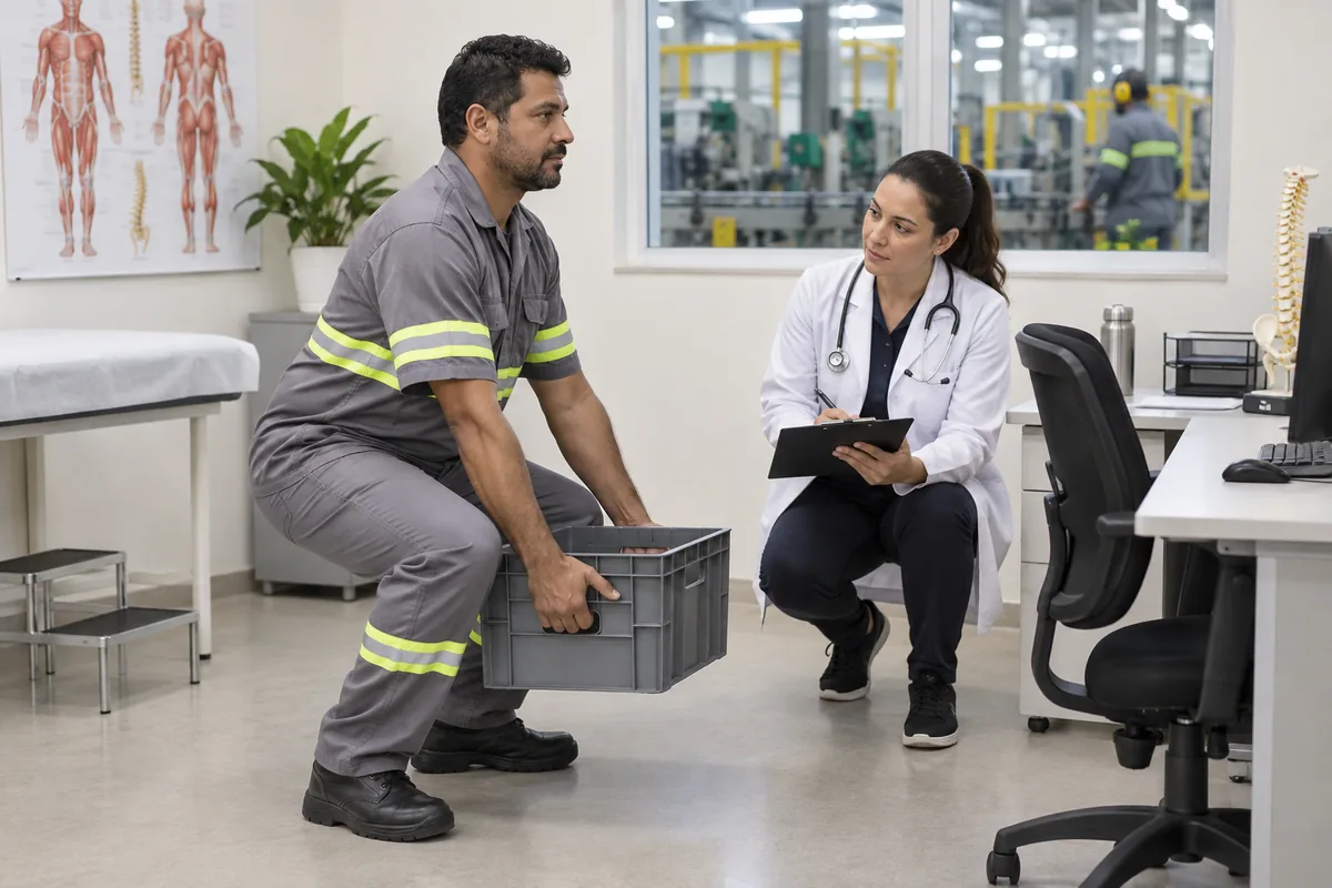 Médica avalia trabalhador antes do retorno à atividade industrial