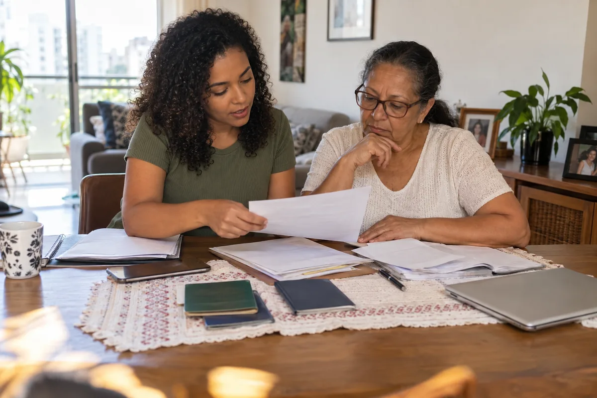 Mulheres da mesma família organizam documentos para avaliar pensão por morte