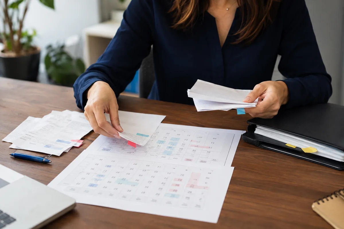 Profissional separa documentos de diferentes períodos de férias
