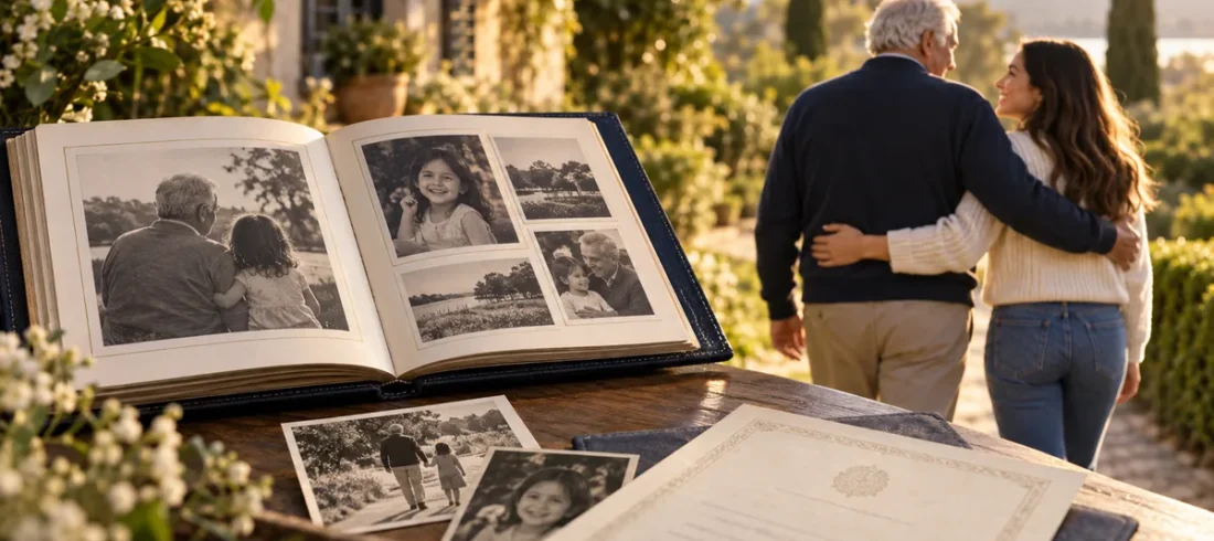 Pai e filha com álbum de família e documentos de filiação