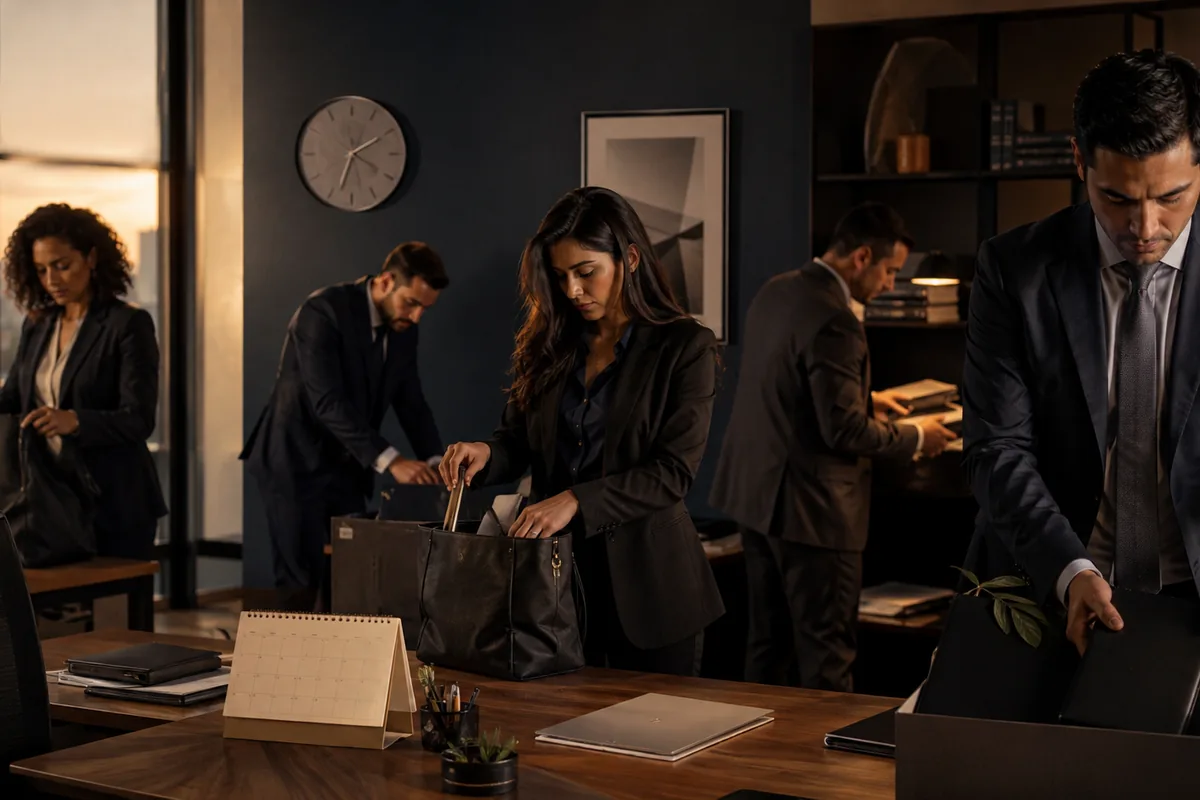 Equipe encerra expediente em escritório após jornada de trabalho