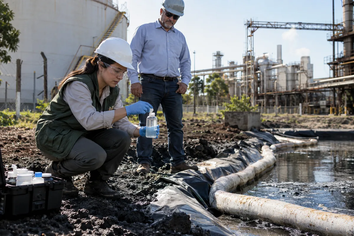 Técnica coleta amostra durante fiscalização ambiental em indústria