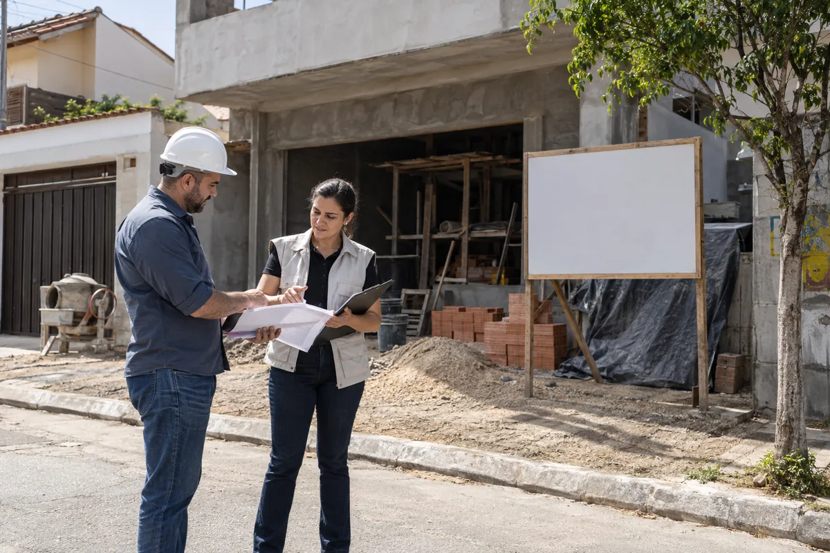 Fiscal e responsável técnico conferem documentos diante de obra residencial