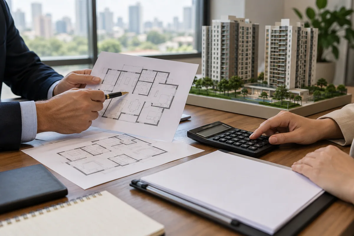Profissionais conferem planta e calculam a fração ideal de uma unidade