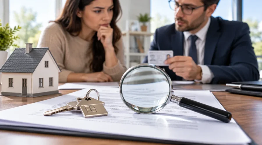 Documentos, chaves e lupa representam verificação contra fraude imobiliária