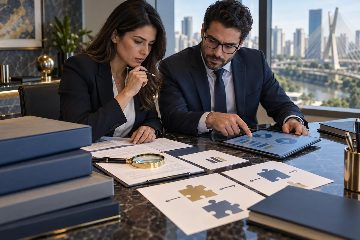 Advogada e analista revisam documentos e riscos antes da fusão empresarial