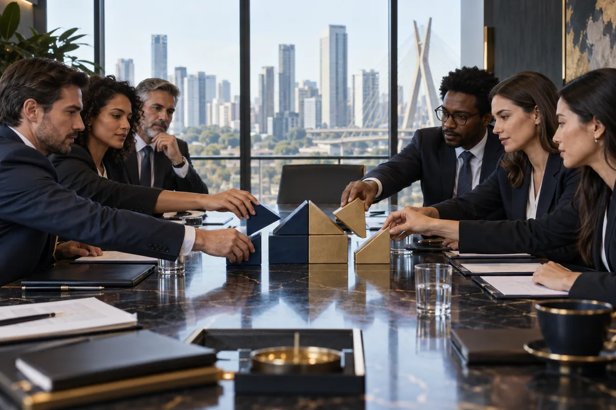 Equipes executivas estruturam conjuntamente uma operação de fusão de empresas