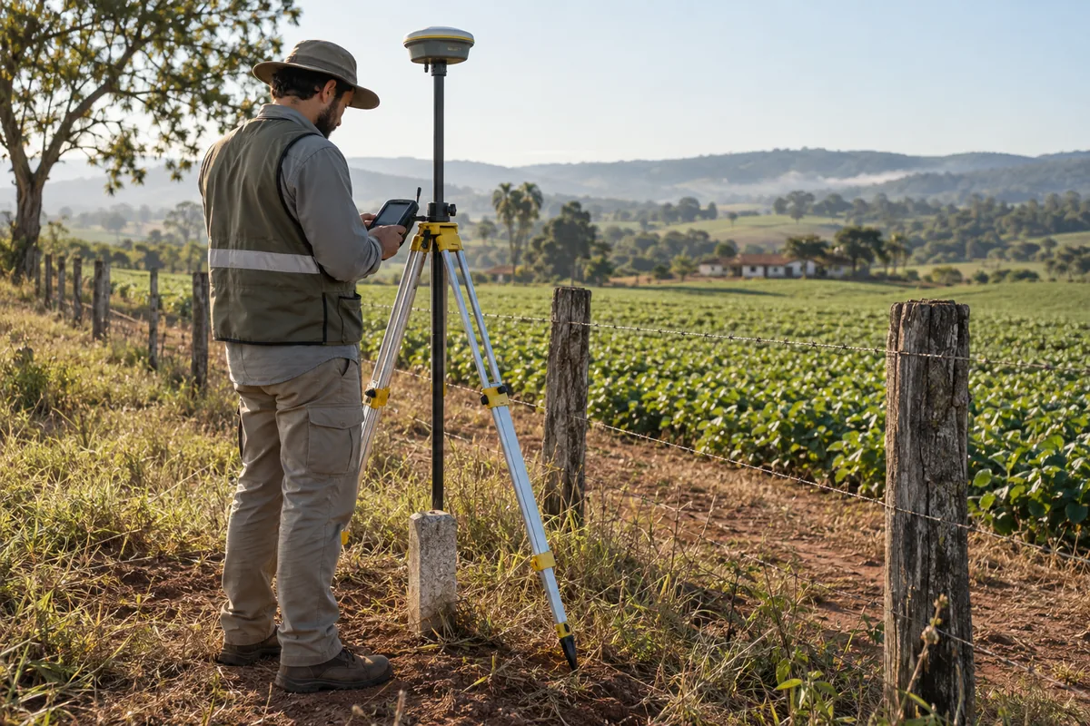 Agrimensor realiza levantamento com receptor GNSS na divisa rural