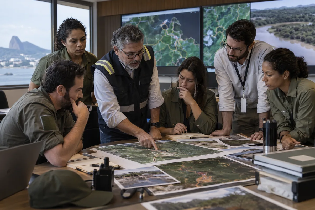 Equipe analisa mapas e evidências para responder a incidente ambiental
