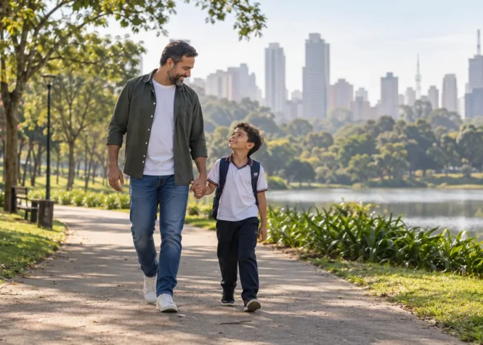 Pai e filho caminham juntos durante período de convivência