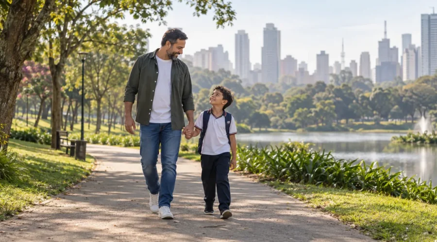 Pai e filho caminham juntos durante período de convivência