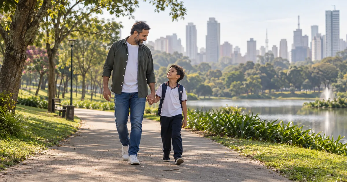 Pai e filho caminham juntos durante período de convivência