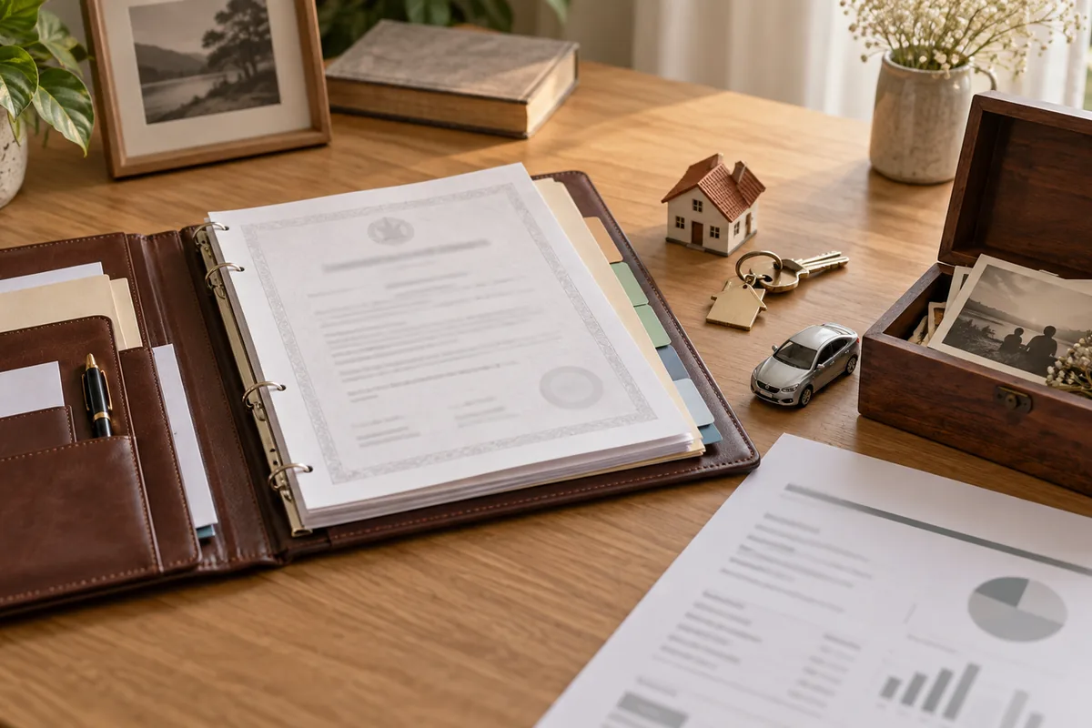 Pasta organizada com documentos, chave, casa, veículo e fotografias familiares