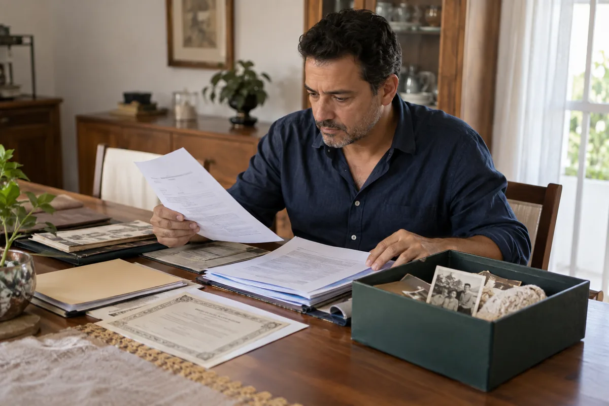 Homem organiza documentos de herança e rendimentos posteriores