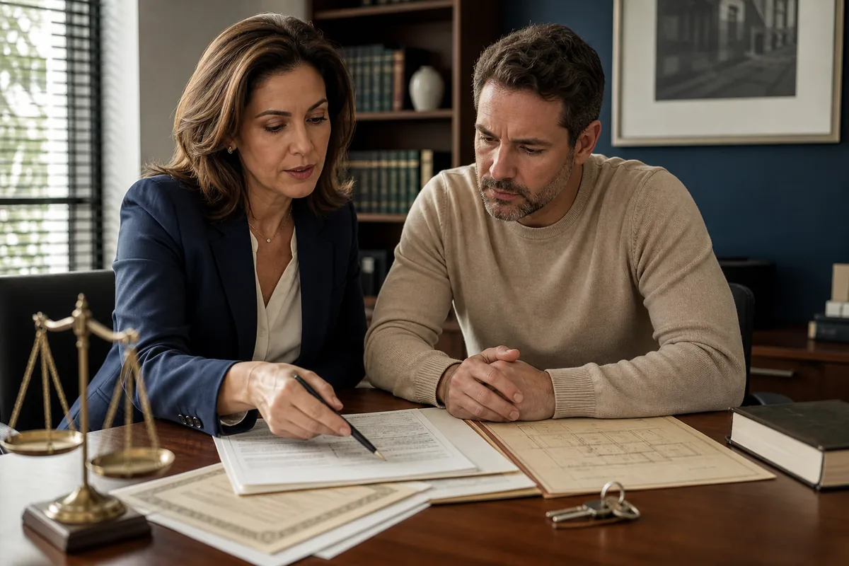 Advogada e herdeiro analisam matrícula, planta e documentos de um imóvel