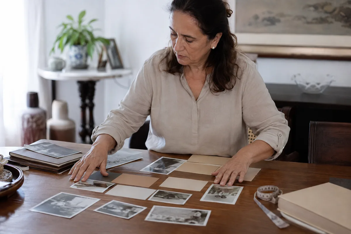 Mulher organiza registros de diferentes fases da vida profissional