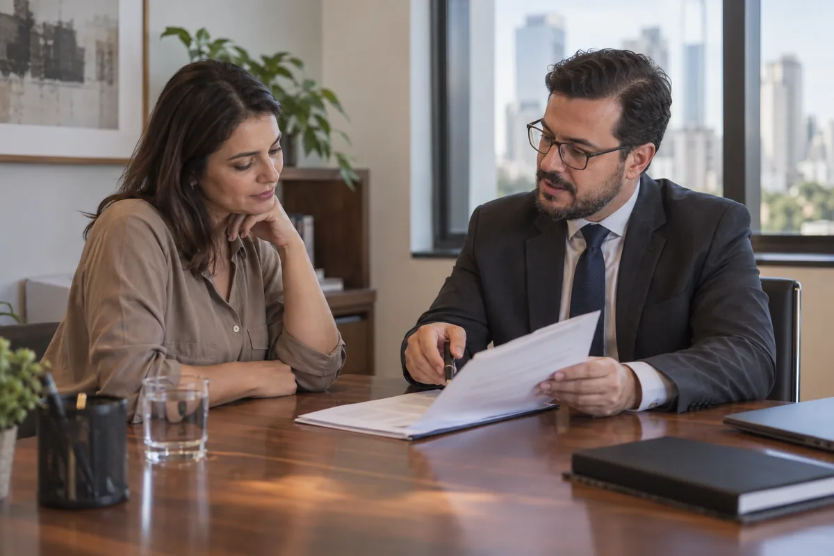 Cliente analisa proposta de honorários com advogado de família