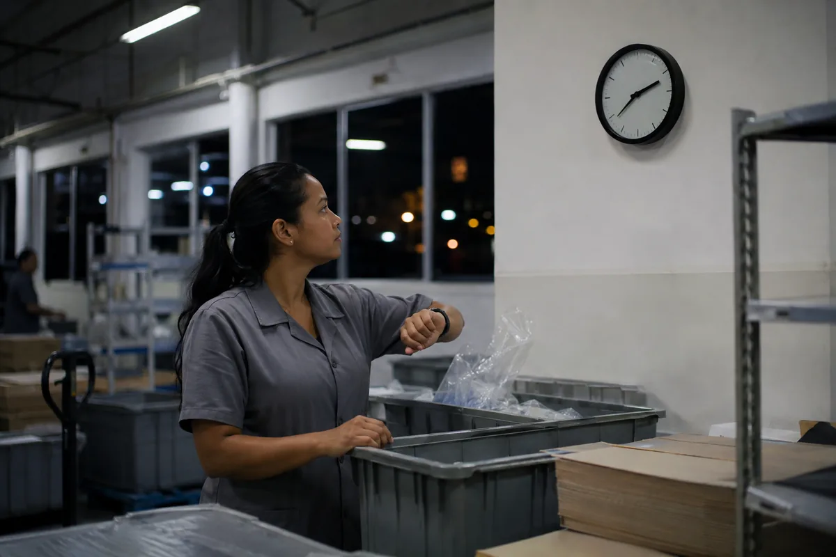 Trabalhadora confere o horário durante turno noturno
