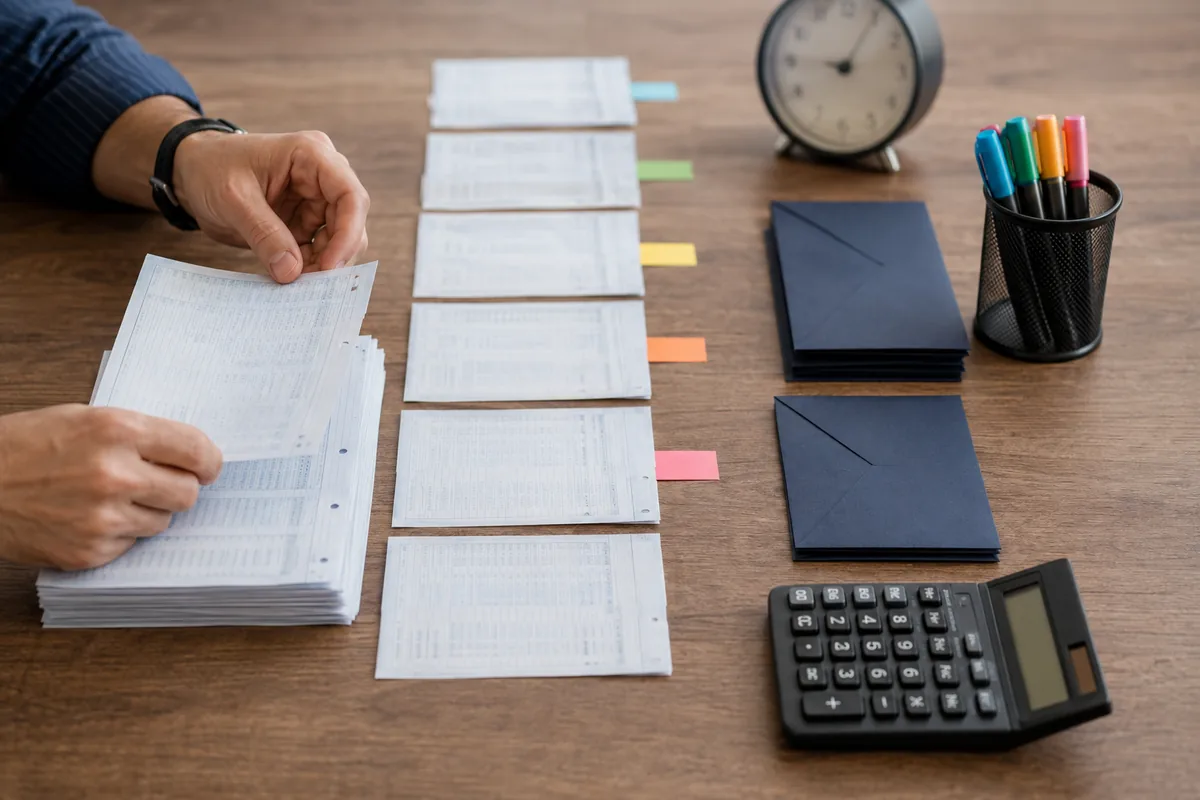 Registros de jornada organizados com relógio e calculadora