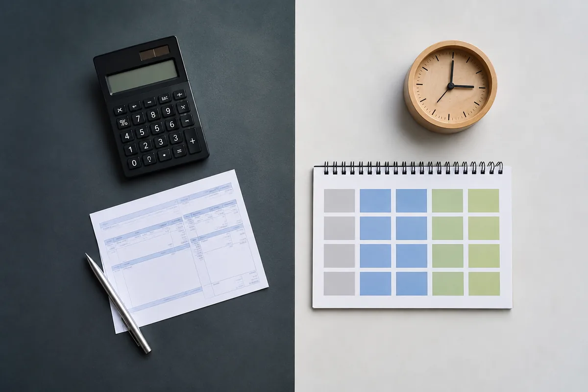 Calculadora e calendário comparando pagamento e compensação de horas