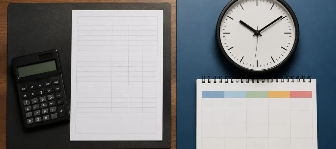 Relógio, calculadora e calendário para comparar horas extras e banco de horas