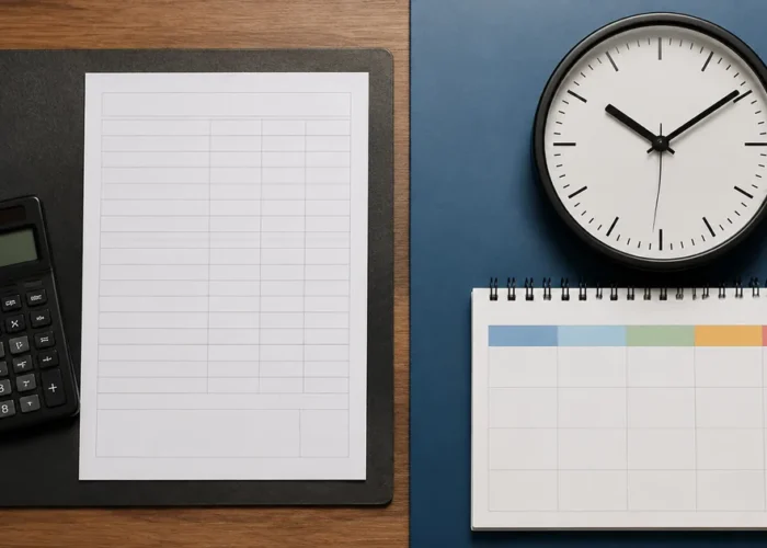 Relógio, calculadora e calendário para comparar horas extras e banco de horas