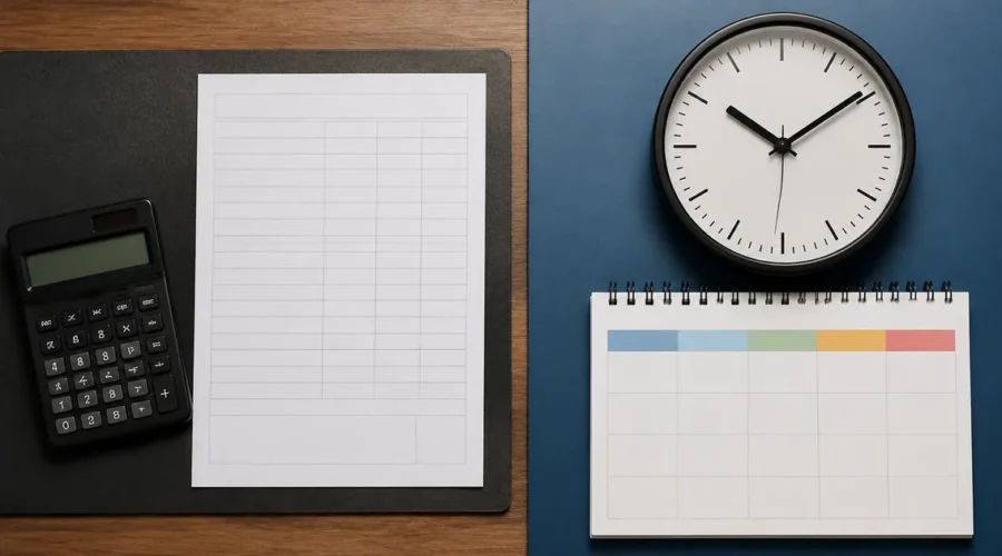 Relógio, calculadora e calendário para comparar horas extras e banco de horas