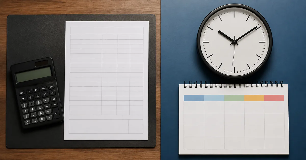 Relógio, calculadora e calendário para comparar horas extras e banco de horas