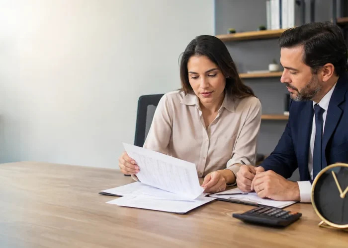 Advogado e trabalhadora analisam cálculo de horas extras