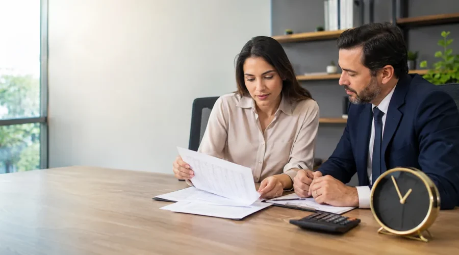 Advogado e trabalhadora analisam cálculo de horas extras