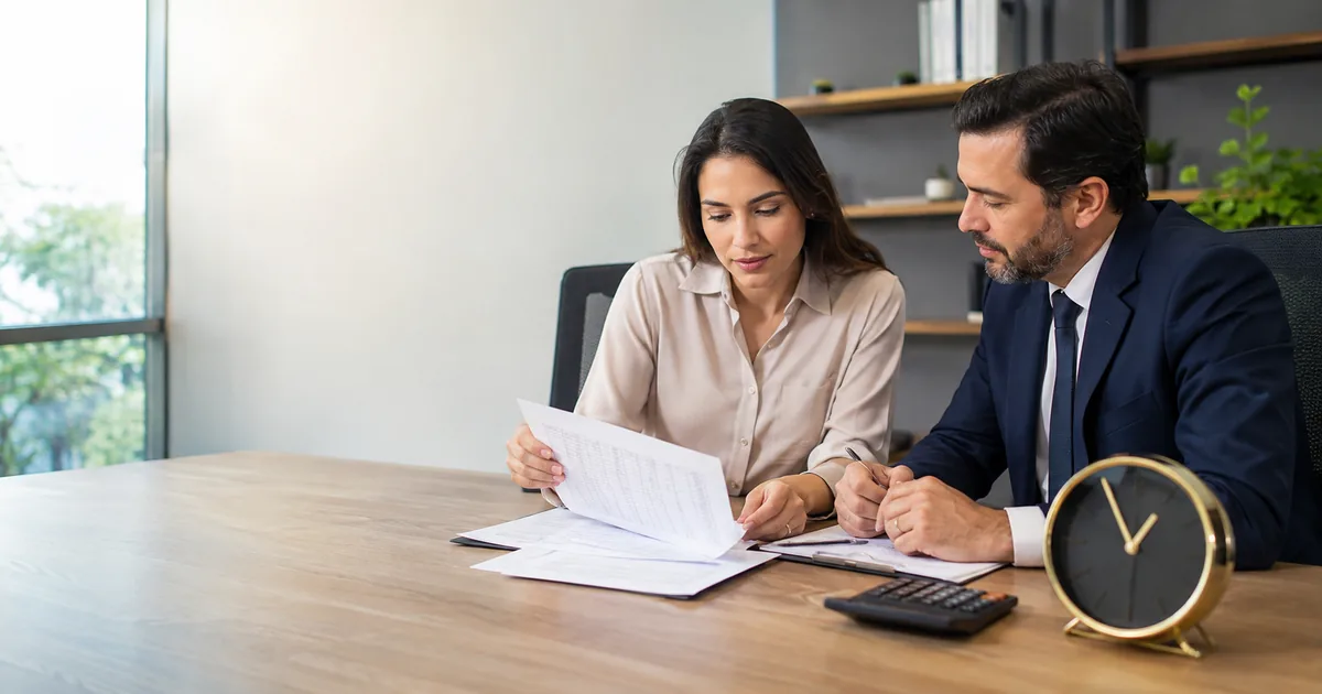 Advogado e trabalhadora analisam cálculo de horas extras