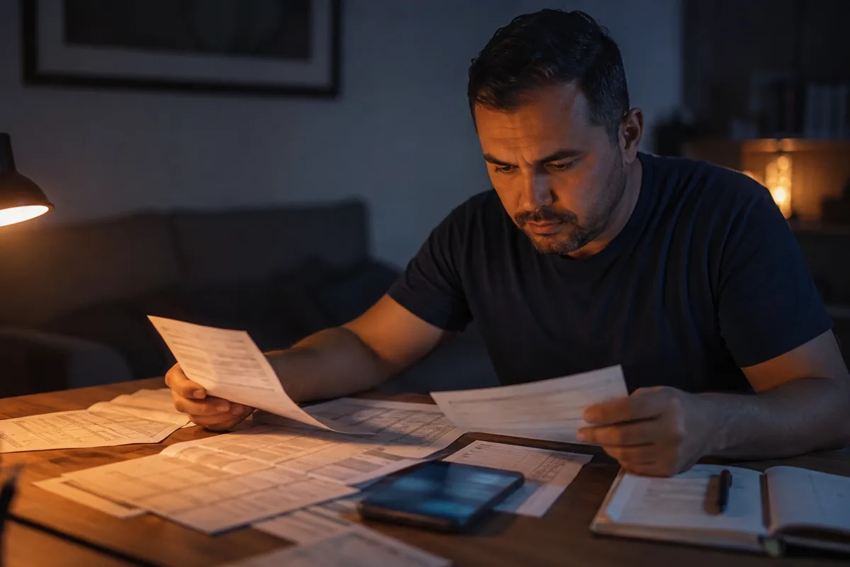 Trabalhador organiza contracheques e registros de jornada à noite