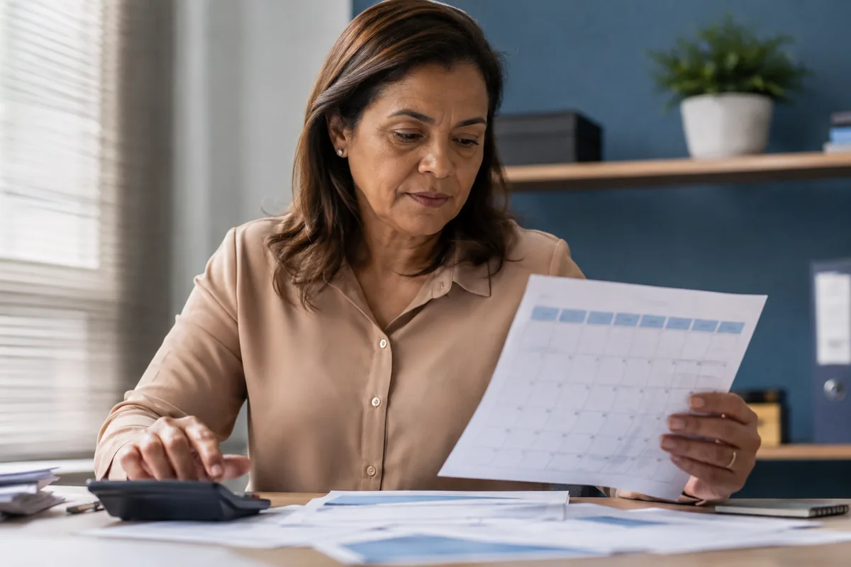 Trabalhadora confere calendário e contribuições para aposentadoria