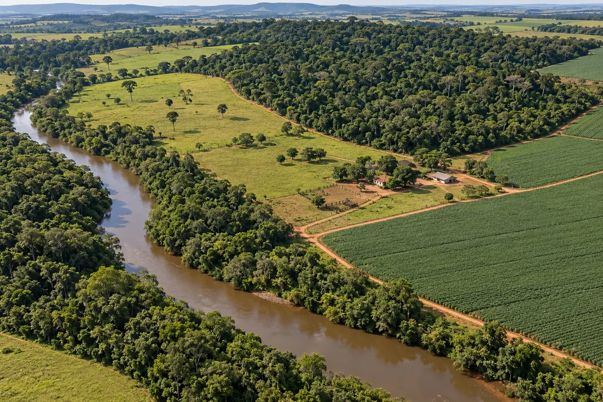 Vista aérea de propriedade rural com mata ciliar, reserva e produção agrícola
