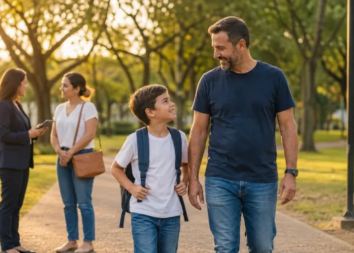 Pai e filho caminham juntos após orientação sobre convivência